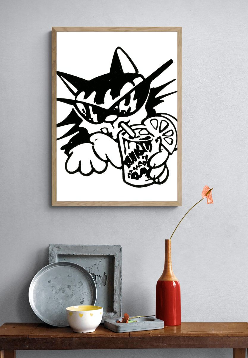 Cat with Drink Illustration Poster. — room view 3