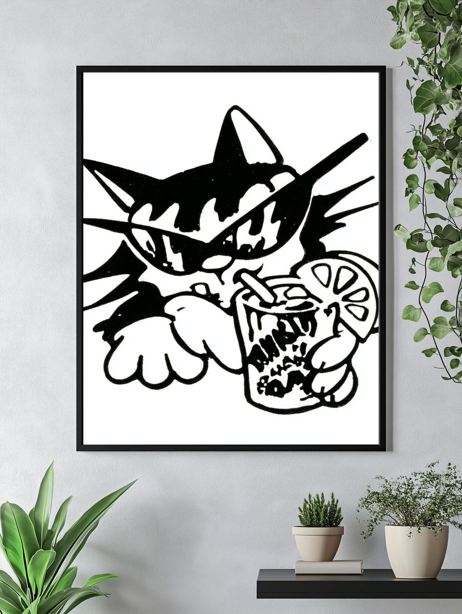 Cat with Drink Illustration Poster. — room view 4