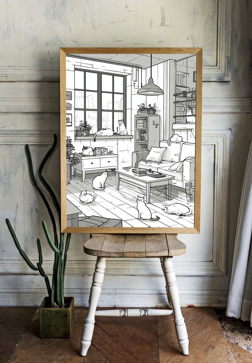 Cozy Cats Loft Illustration Poster. room preview