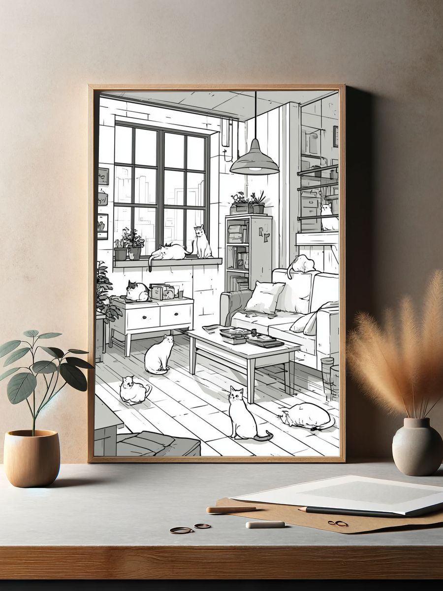 Cozy Cats Loft Illustration Poster. — room view 2