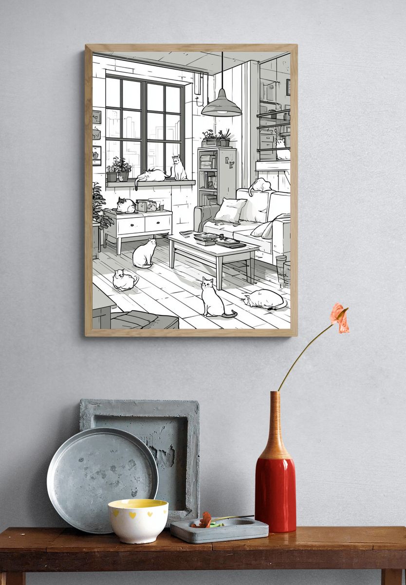 Cozy Cats Loft Illustration Poster. — room view 3