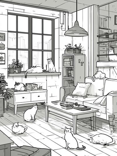 Cozy Cats Loft Illustration Poster.