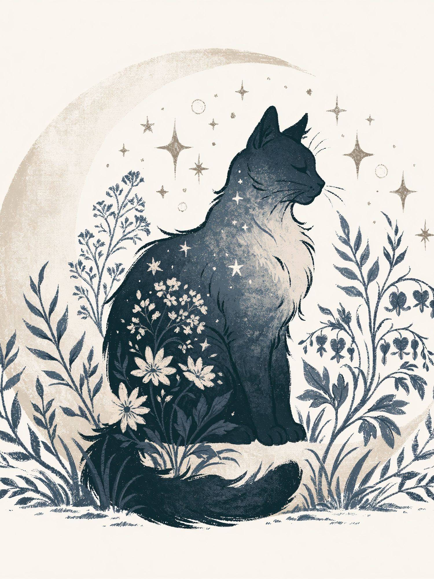 Moonlit Cat Botanical Print. poster detail