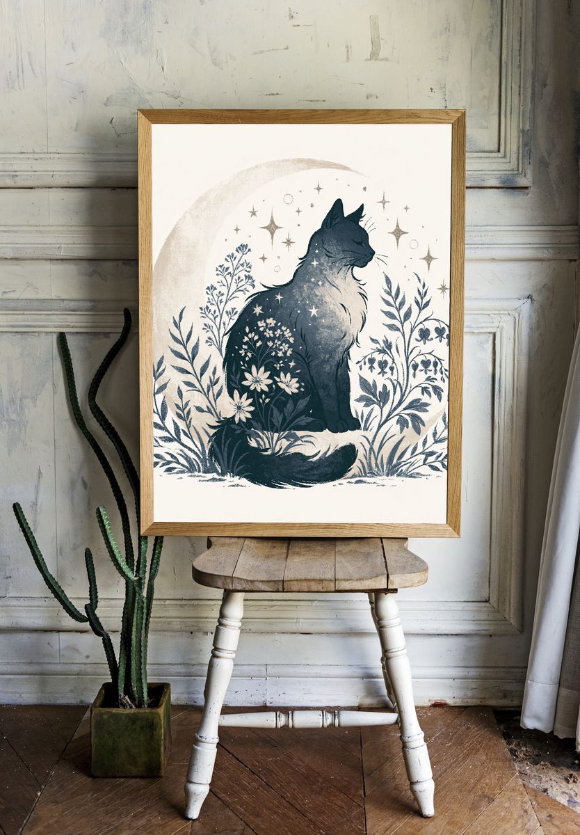 Moonlit Cat Botanical Print. — room view 1