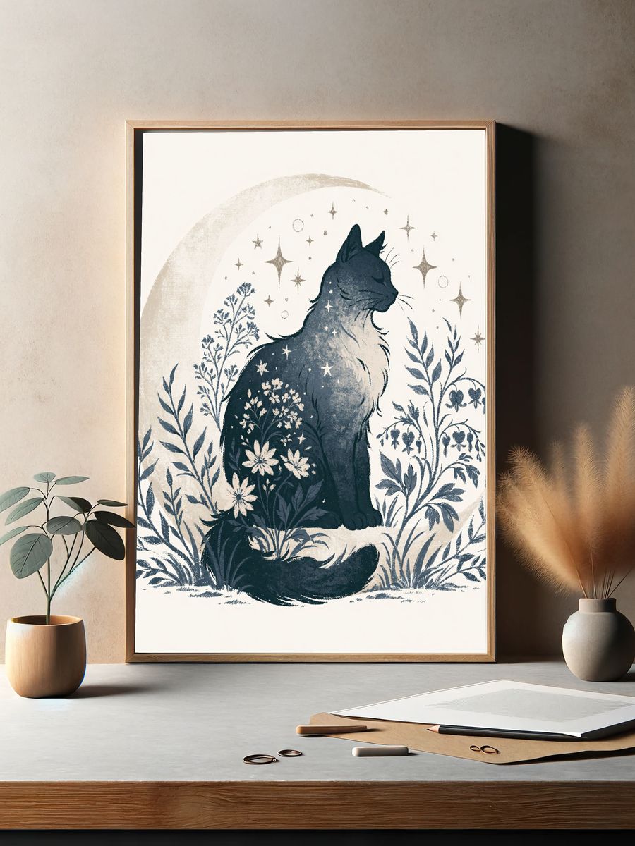 Moonlit Cat Botanical Print. — room view 2