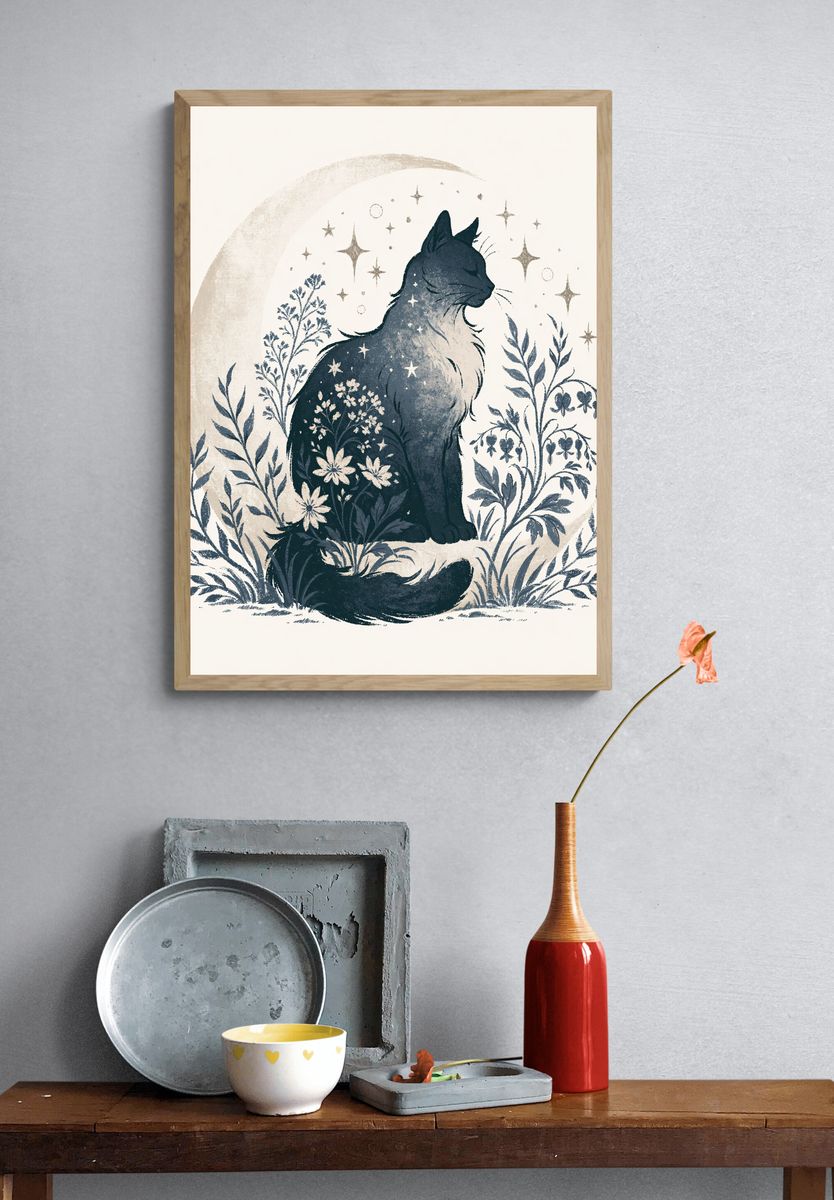 Moonlit Cat Botanical Print. — room view 3