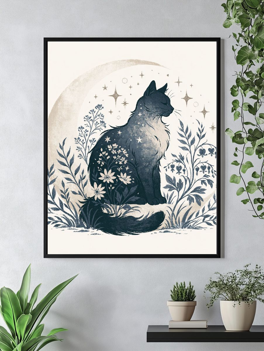 Moonlit Cat Botanical Print. — room view 4