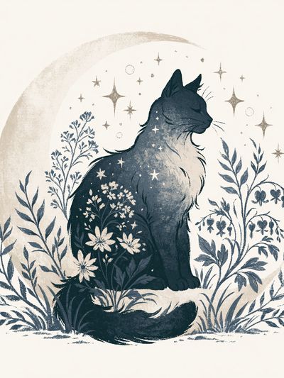 Moonlit Cat Botanical Print.