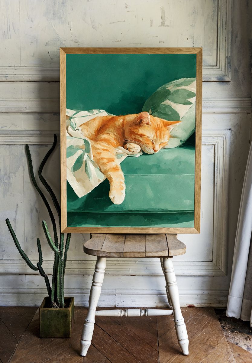 Sleeping Orange Cat — Illustration Print. — room view 1
