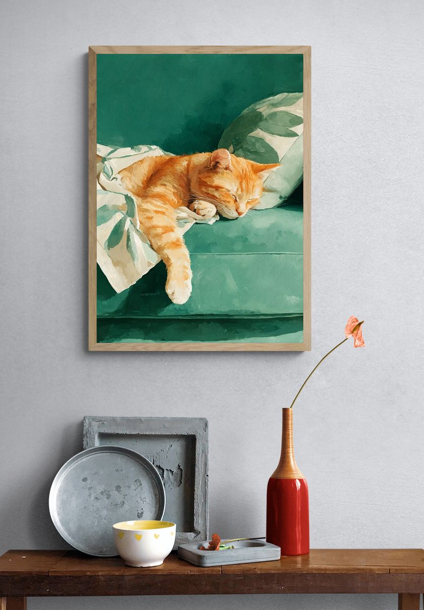 Sleeping Orange Cat — Illustration Print. — room view 3