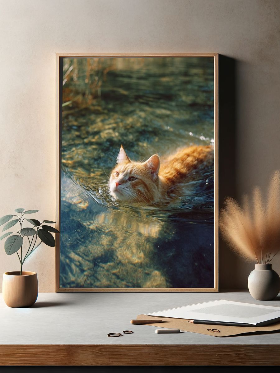 Swimming Cat — Animal Photography Print. — room view 2