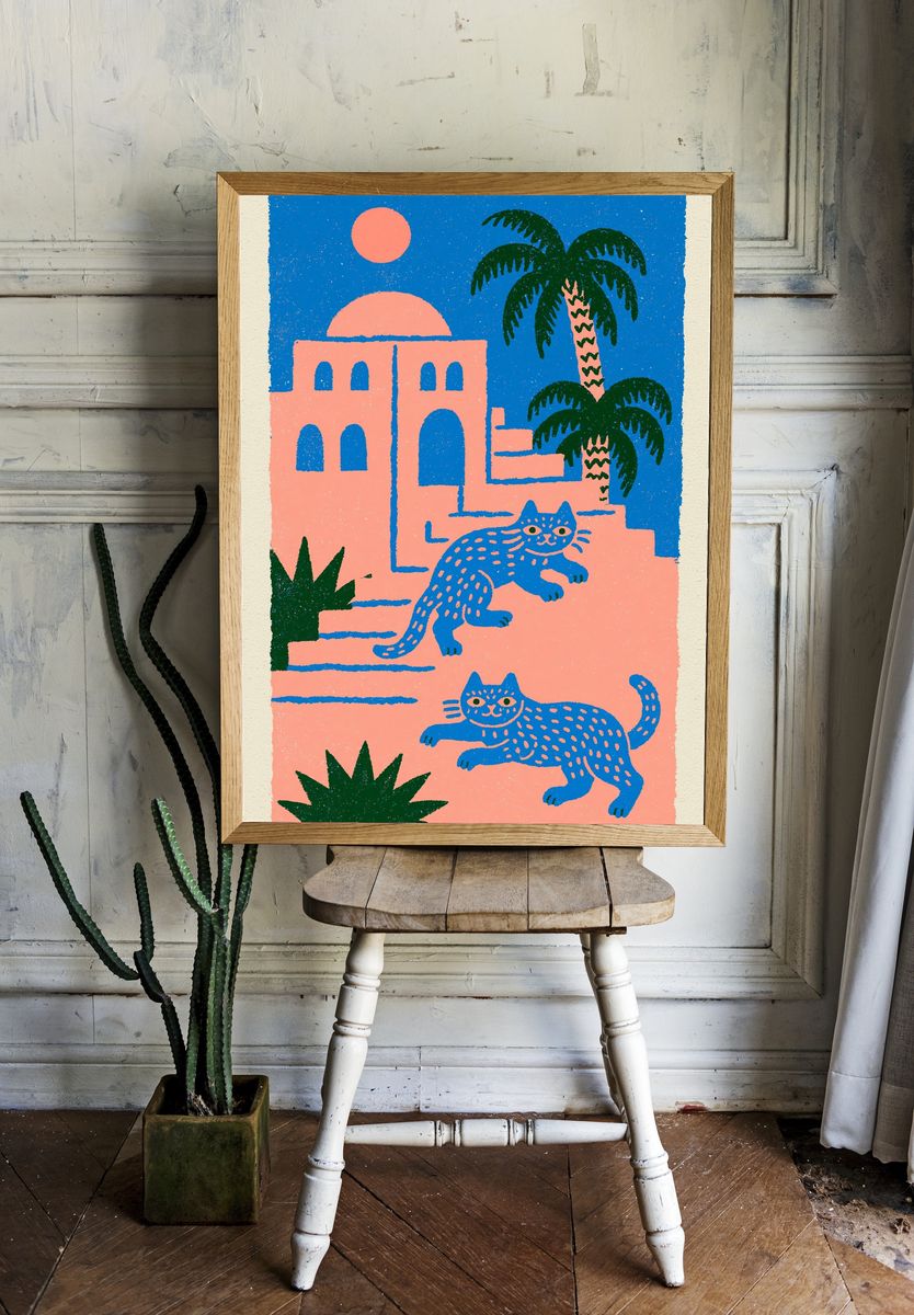 Tropical Cats Illustration Poster. room preview