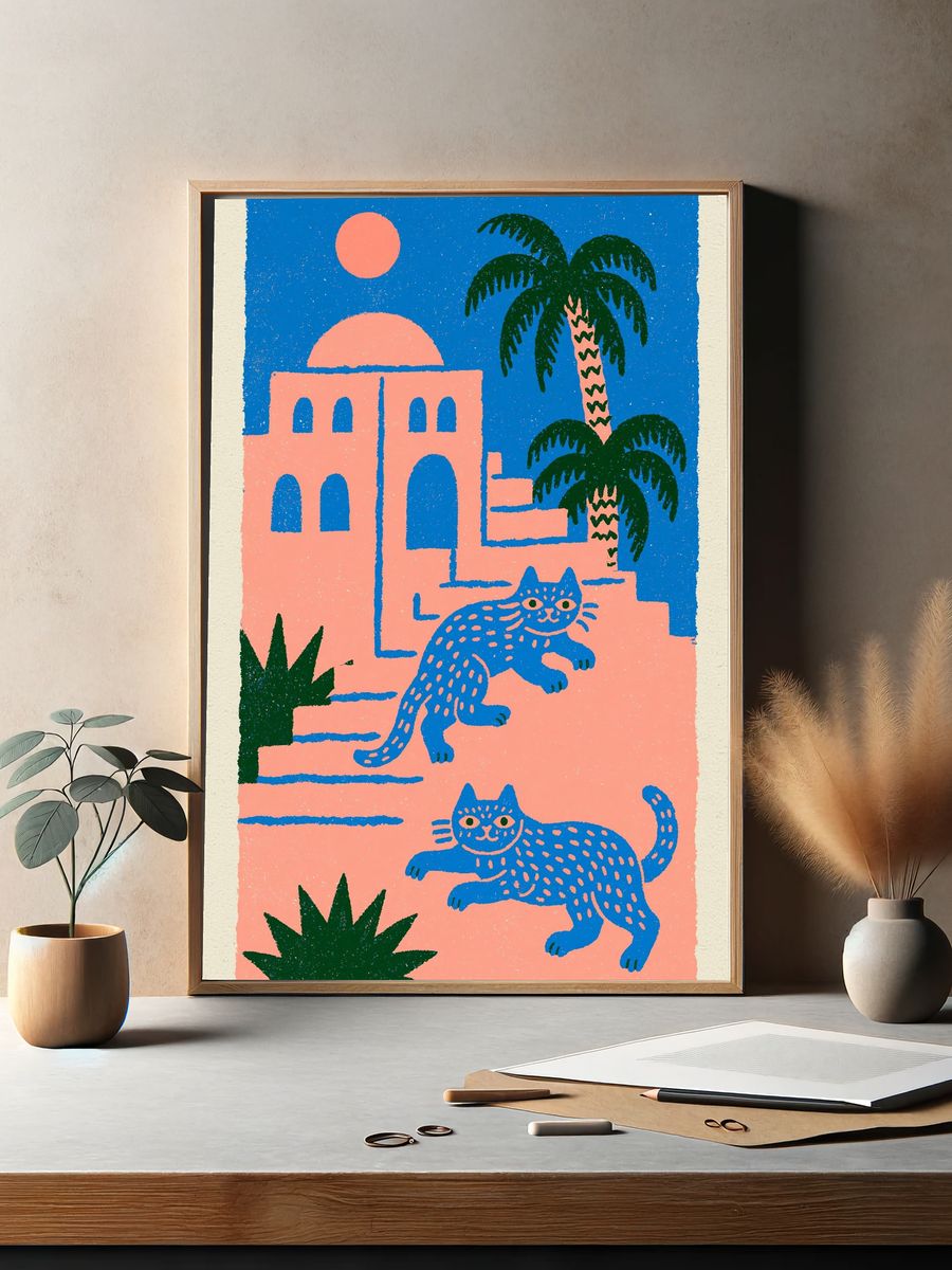 Tropical Cats Illustration Poster. — room view 2