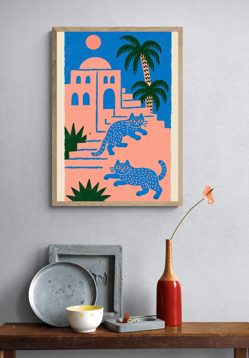 Tropical Cats Illustration Poster. — room view 3