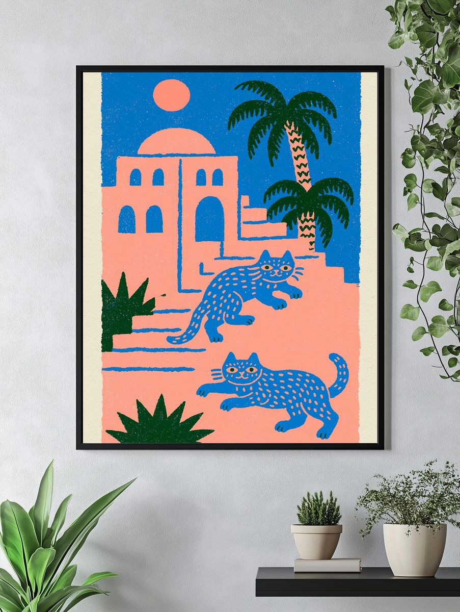 Tropical Cats Illustration Poster. — room view 4