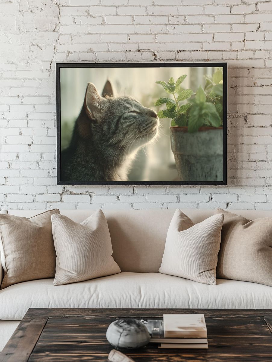Cat and Mint Botanical Poster. — room view 1