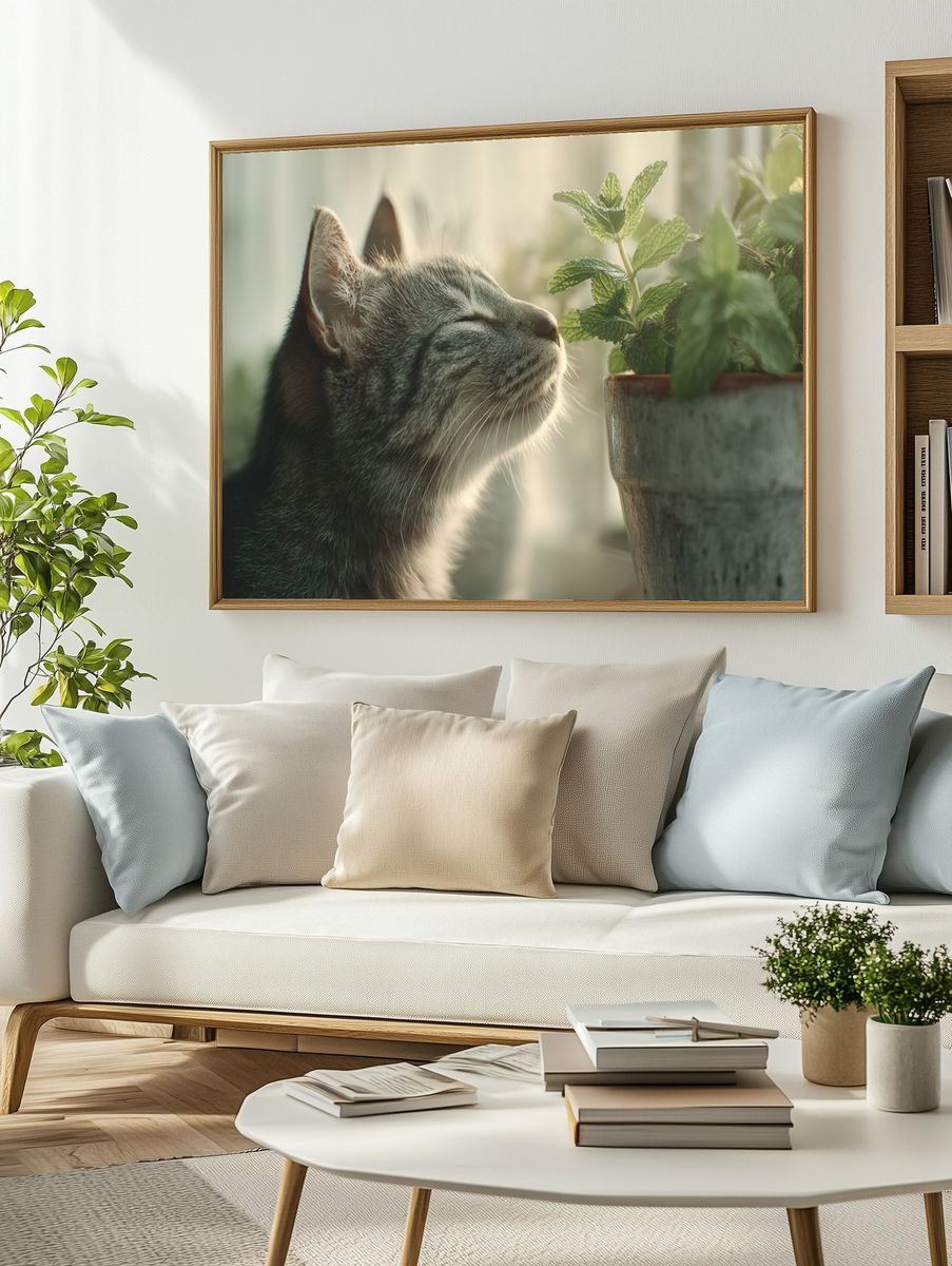 Cat and Mint Botanical Poster. — room view 2