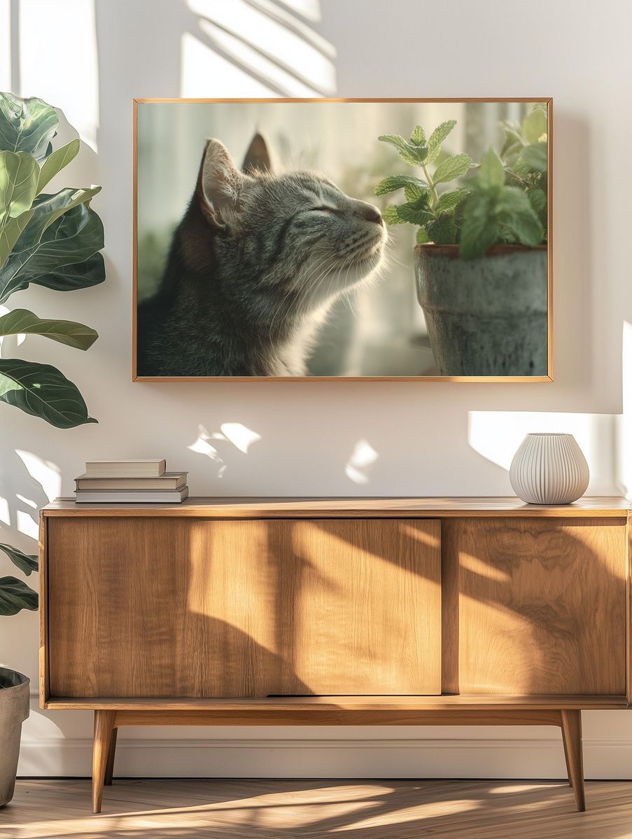 Cat and Mint Botanical Poster. — room view 3