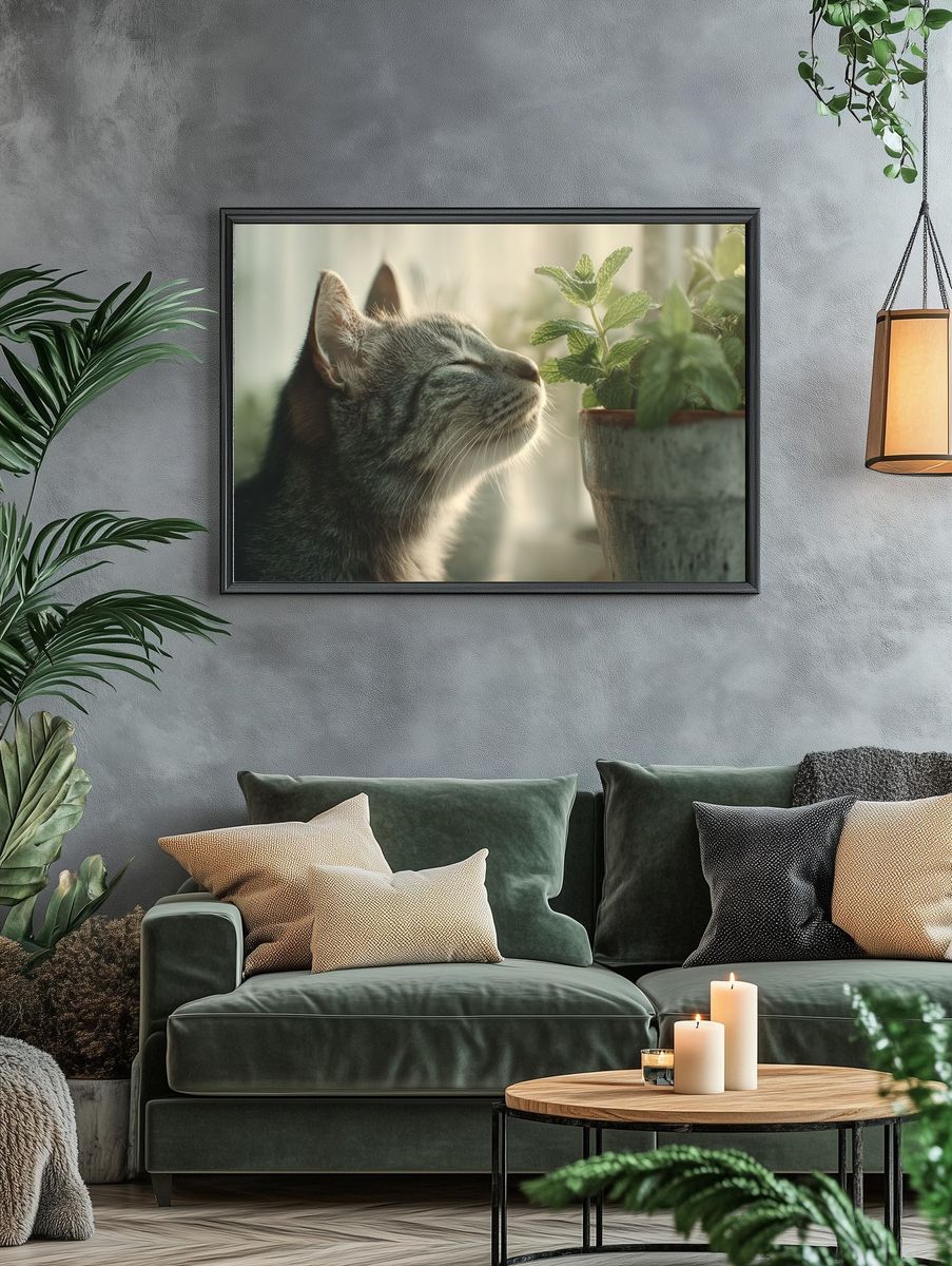 Cat and Mint Botanical Poster. — room view 4