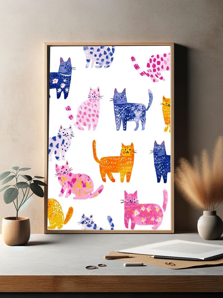 Colorful Cats — Watercolor Print. — room view 2