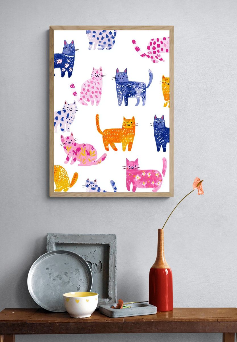 Colorful Cats — Watercolor Print. — room view 3