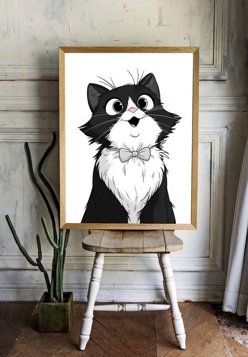 Happy Cat with Bowtie — Cartoon Print. — room view 1