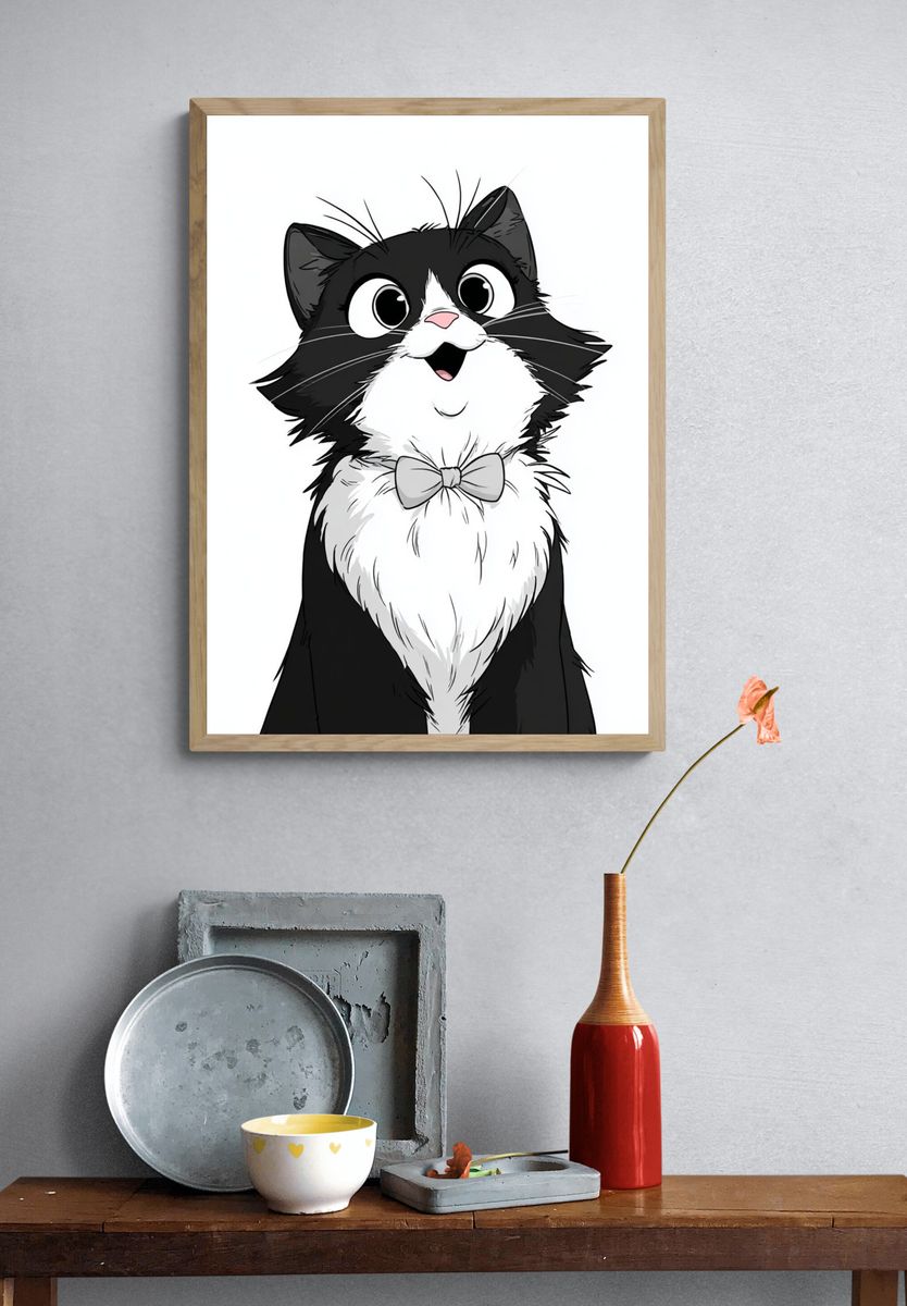 Happy Cat with Bowtie — Cartoon Print. — room view 3