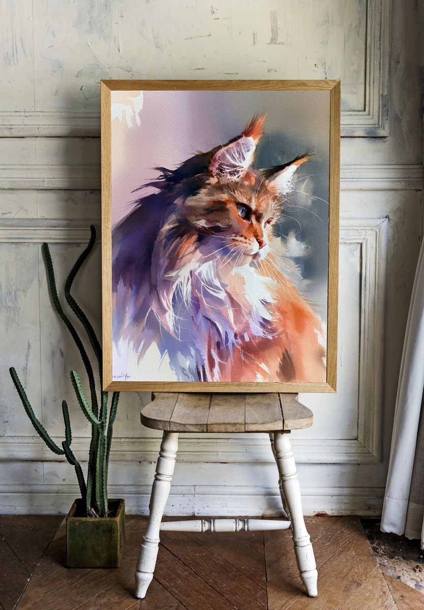 Majestic Cat Watercolor Poster. — room view 1