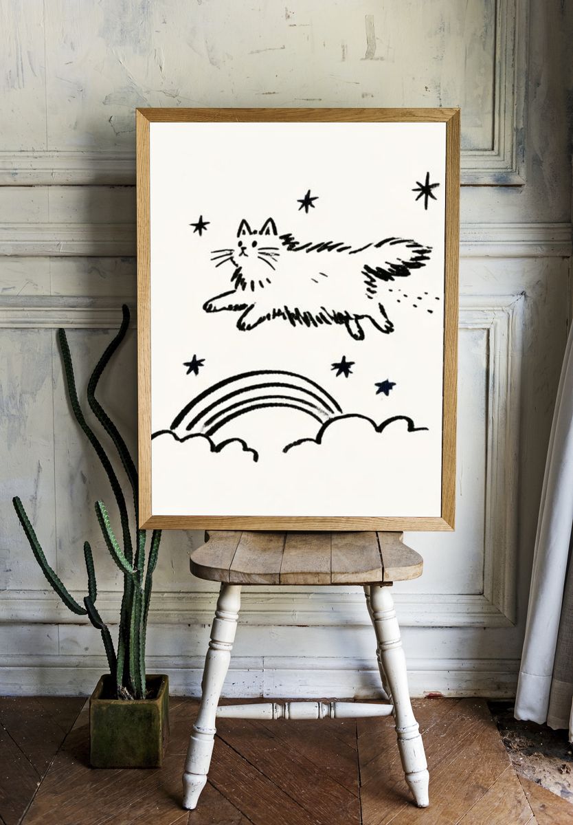Dreamy Cat and Rainbow Print. room preview