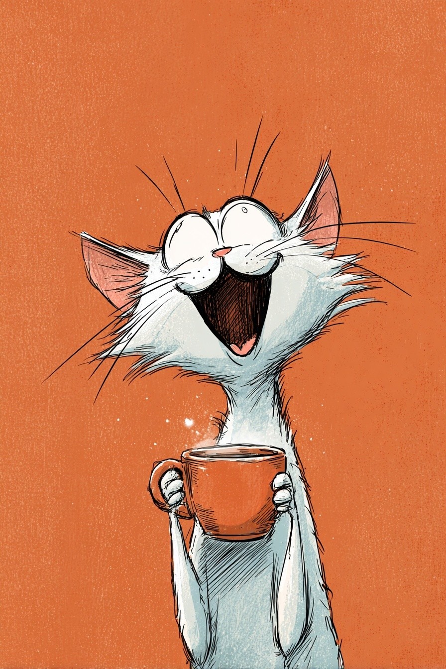 Happy Cat with Coffee — Cartoon Print. poster — animals art