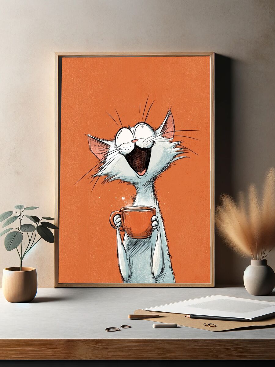 Happy Cat with Coffee — Cartoon Print. — room view 2