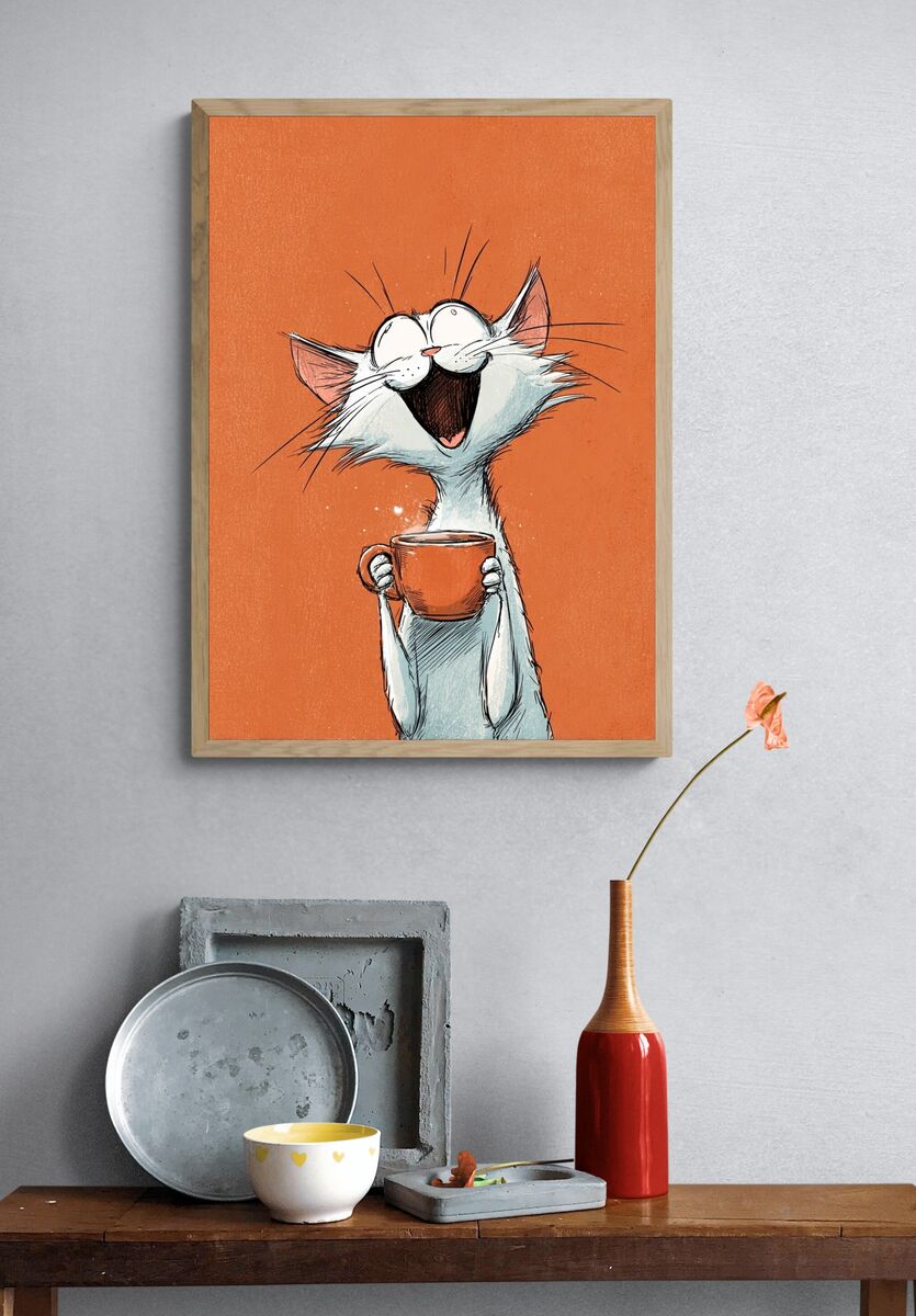 Happy Cat with Coffee — Cartoon Print. — room view 3