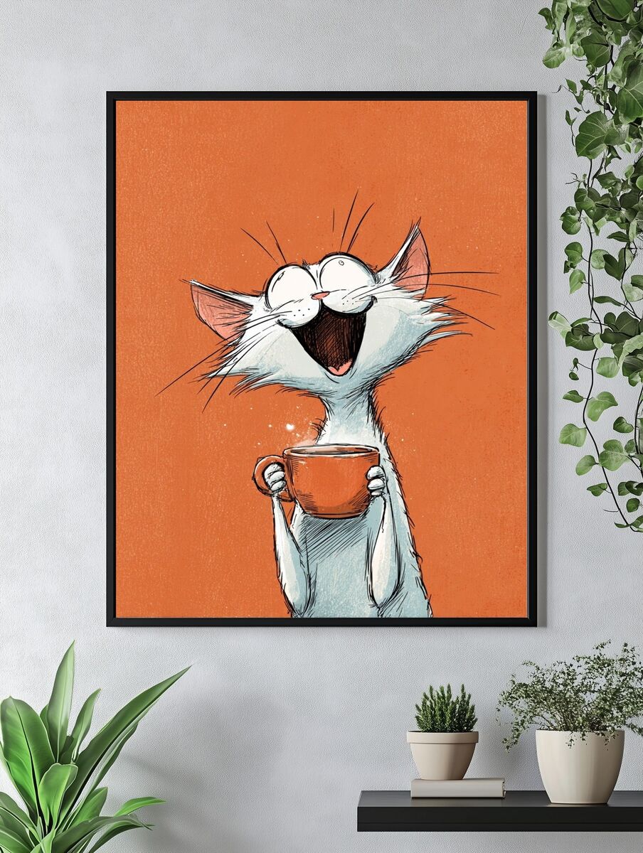 Happy Cat with Coffee — Cartoon Print. — room view 4