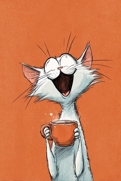Happy Cat with Coffee — Cartoon Print. poster