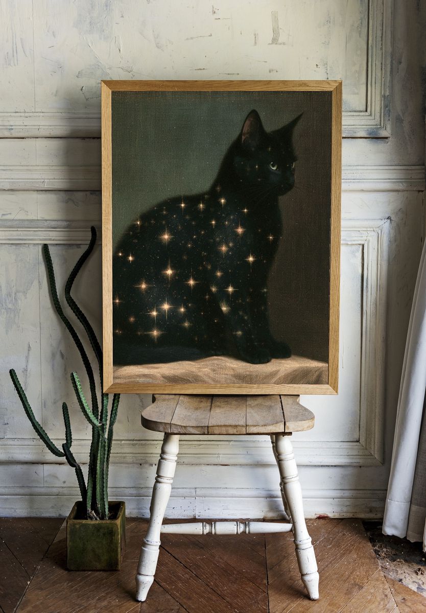 Celestial Black Cat Illustration Poster. — room view 1