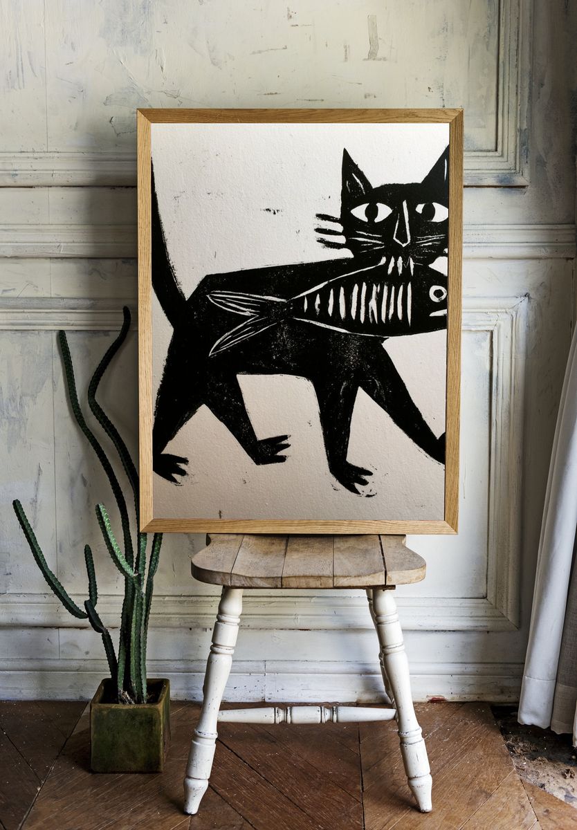 Black Cat Fish Illustration Poster. — room view 1