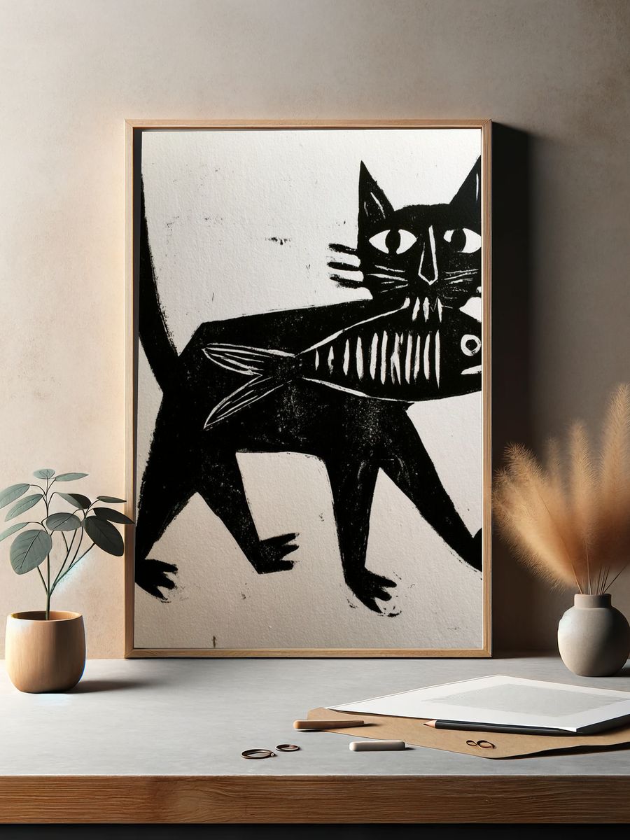Black Cat Fish Illustration Poster. — room view 2
