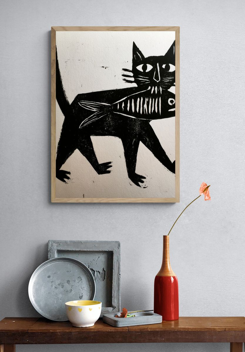 Black Cat Fish Illustration Poster. — room view 3