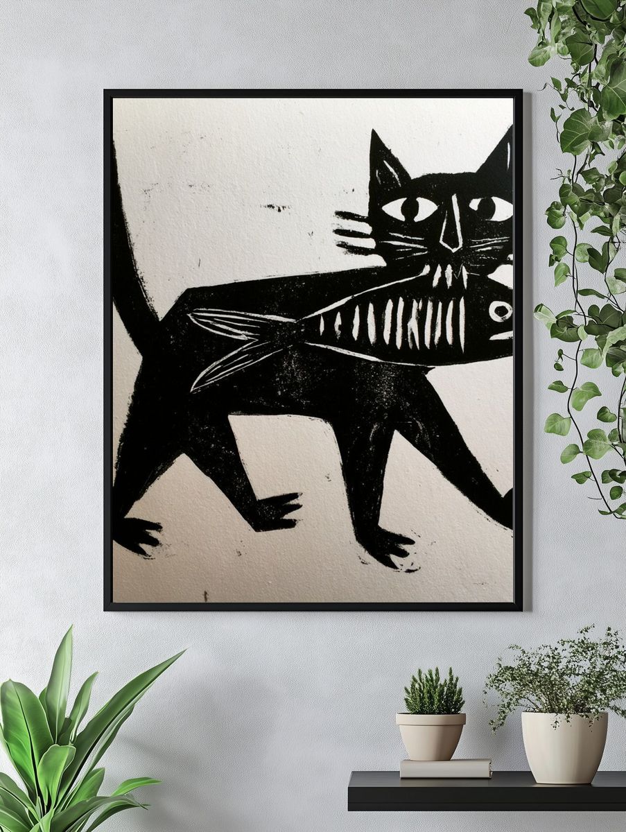 Black Cat Fish Illustration Poster. — room view 4