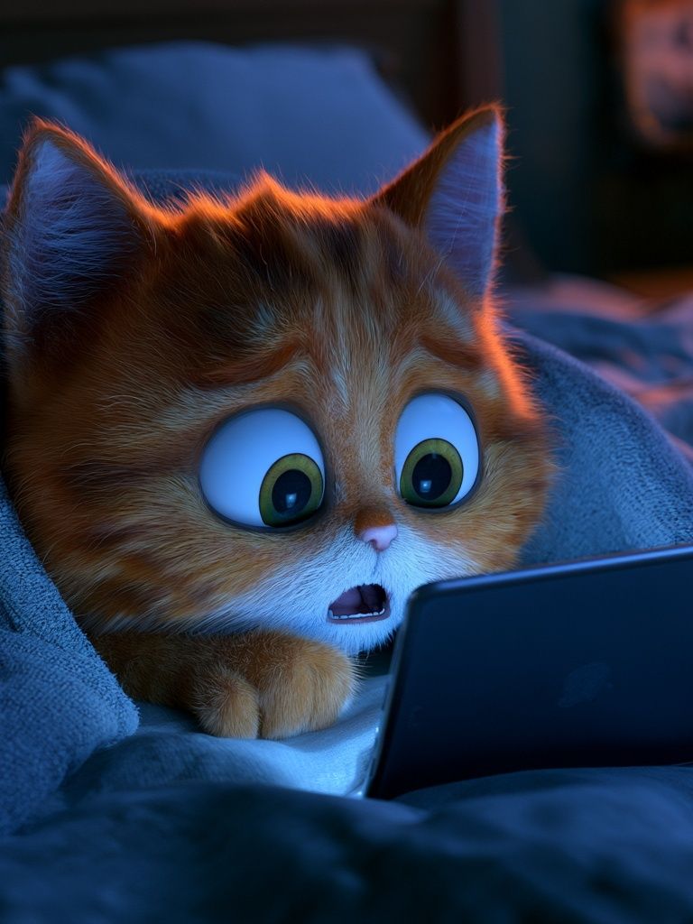 Surprised Cat with Tablet Illustration Print. poster — animals art
