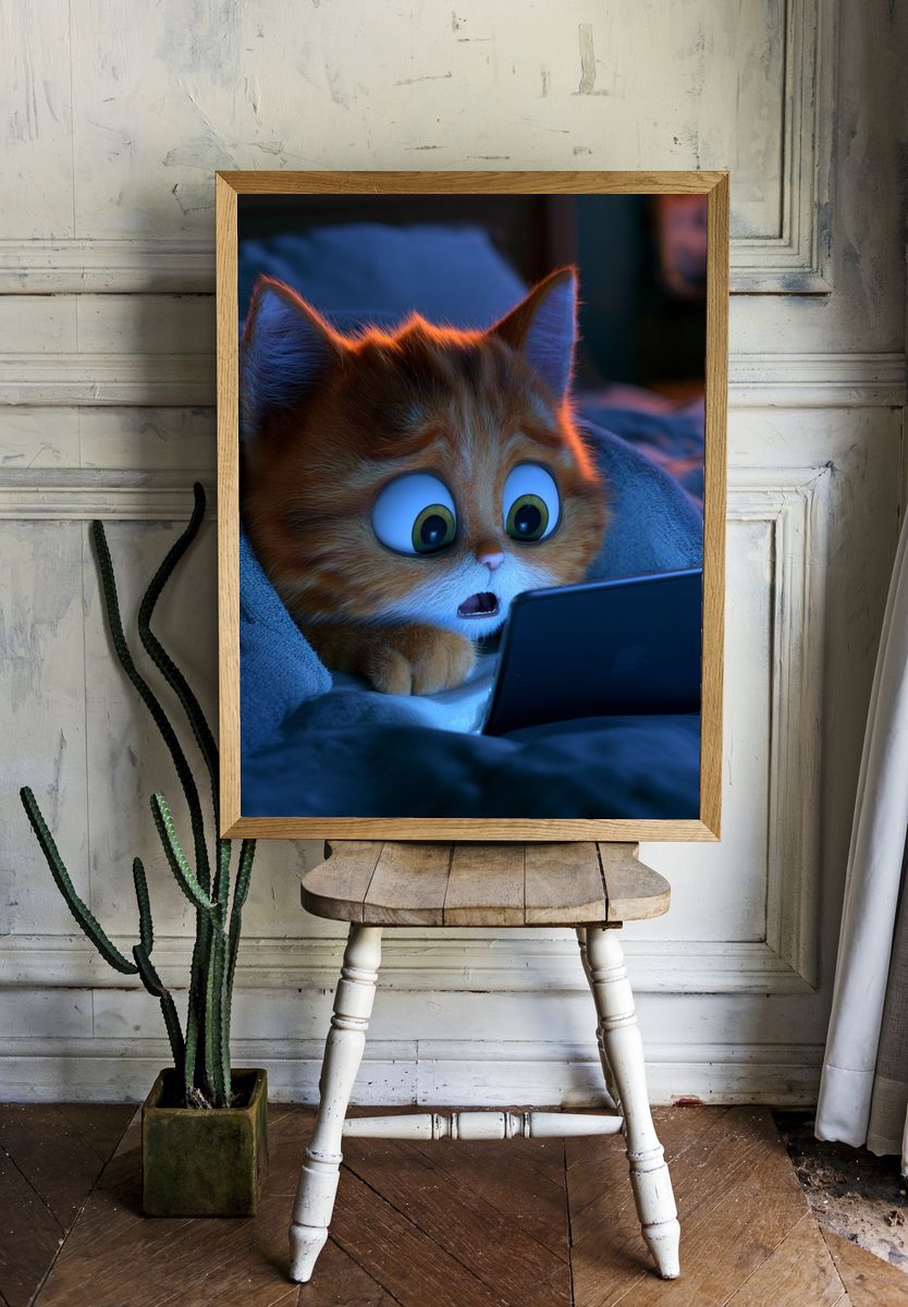 Surprised Cat with Tablet Illustration Print. room preview