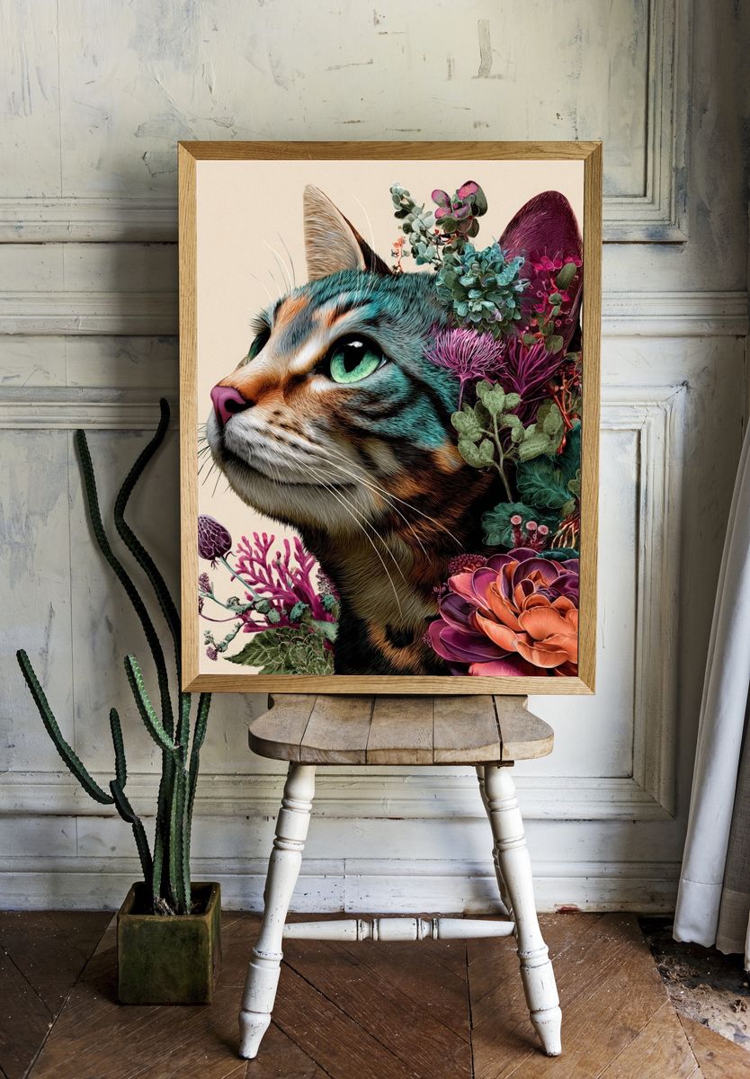 Floral Cat Illustration Poster. — room view 1
