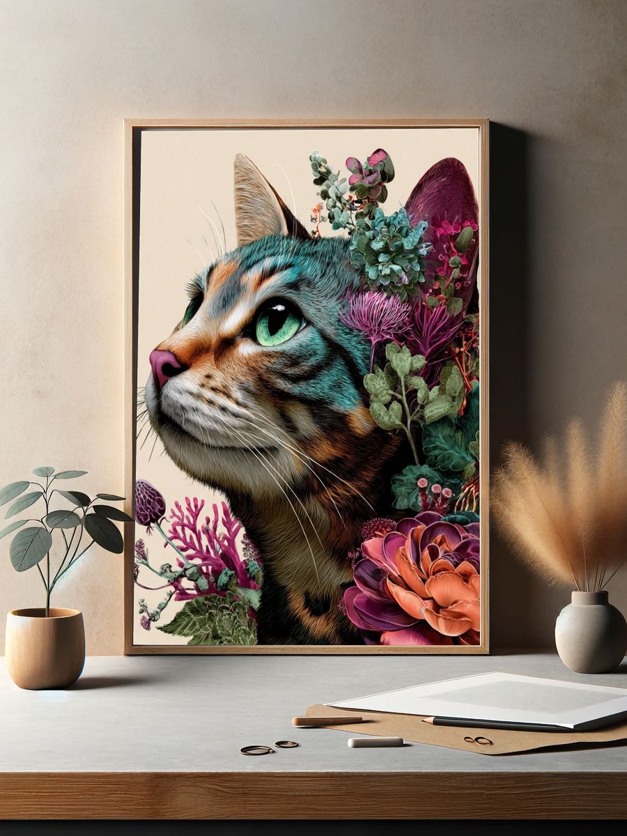 Floral Cat Illustration Poster. — room view 2