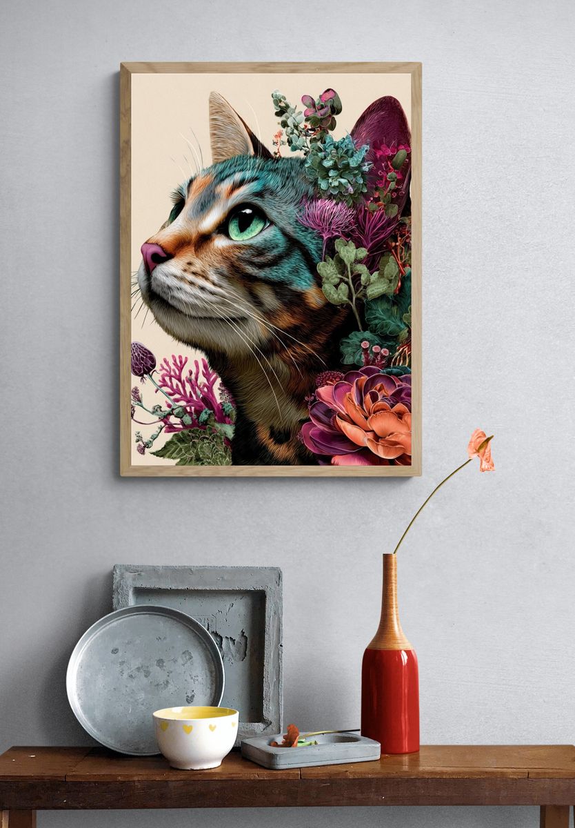 Floral Cat Illustration Poster. — room view 3