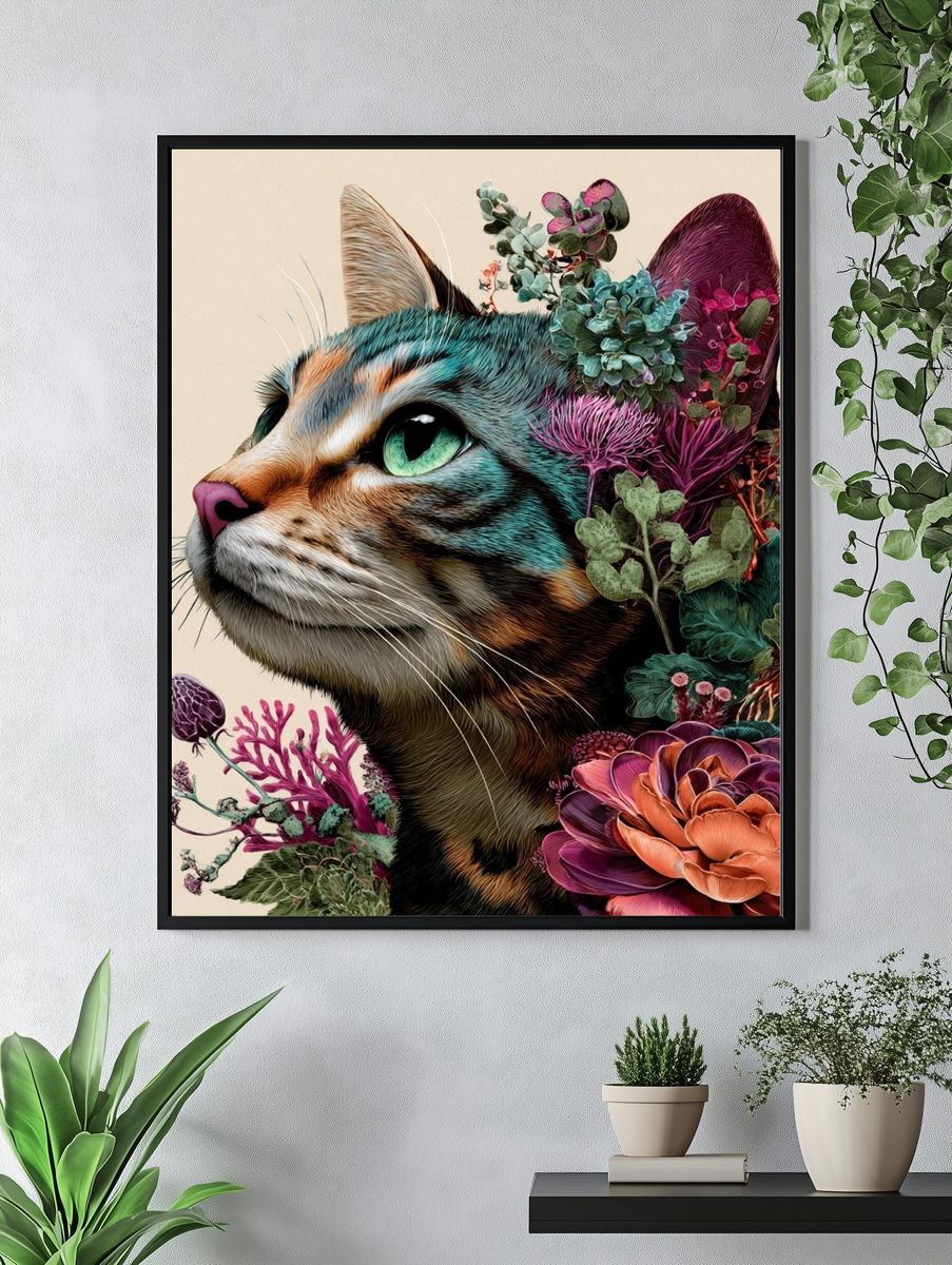 Floral Cat Illustration Poster. — room view 4