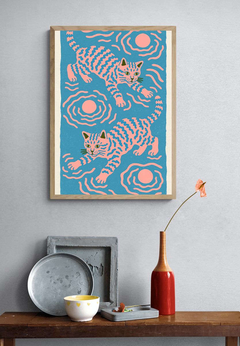 Playful Cats Illustration Poster. — room view 3