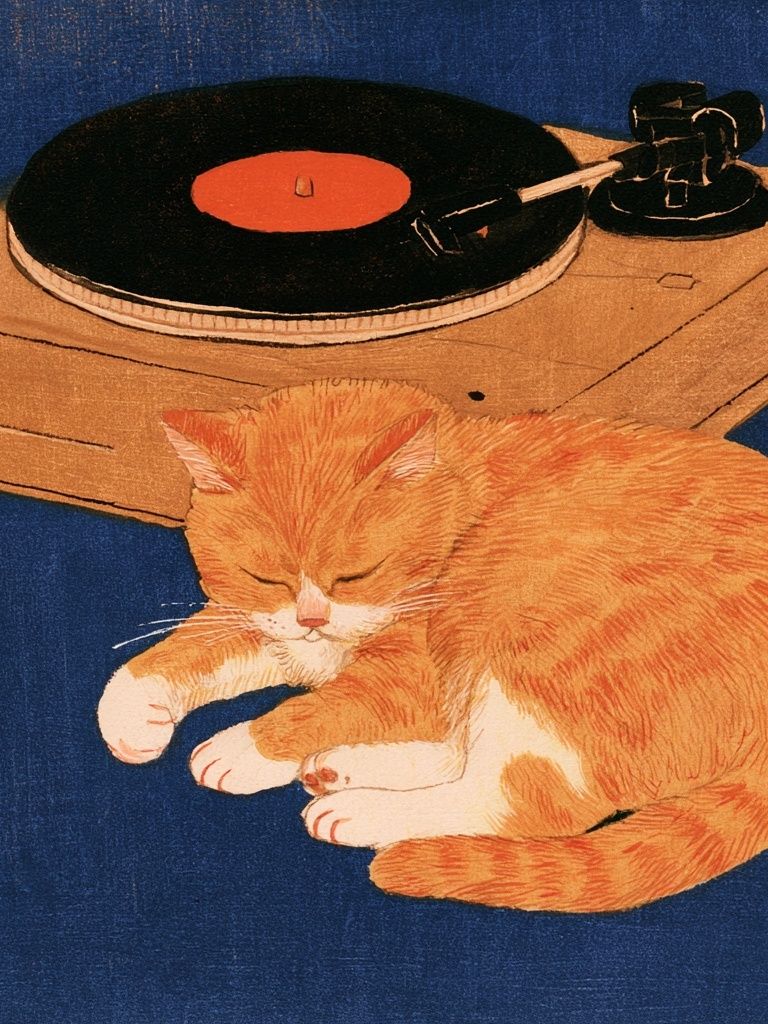 Sleeping Cat and Turntable Print. poster — animals art