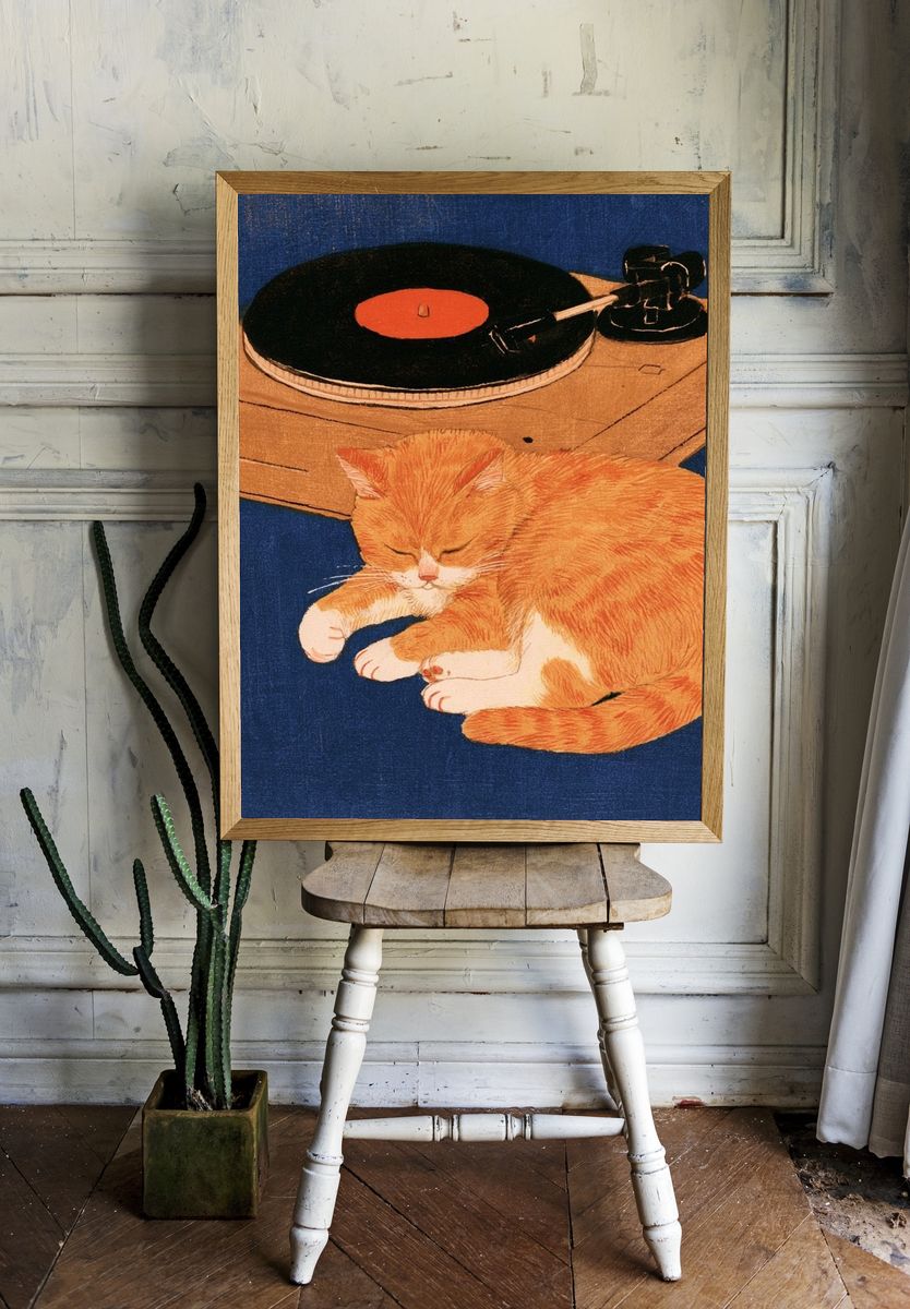 Sleeping Cat and Turntable Print. room preview