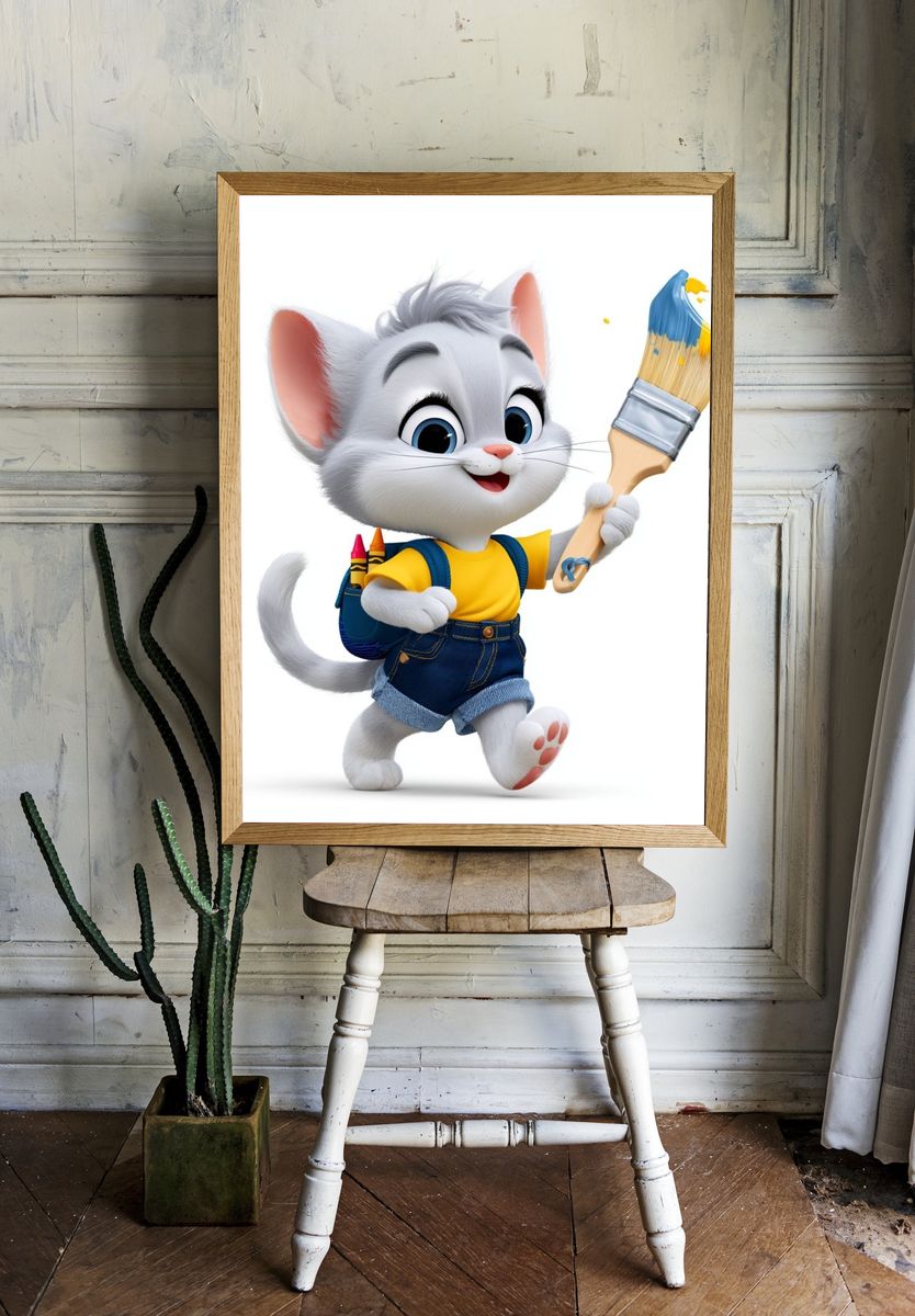 Cute Kitten Painter Illustration Poster. — room view 1