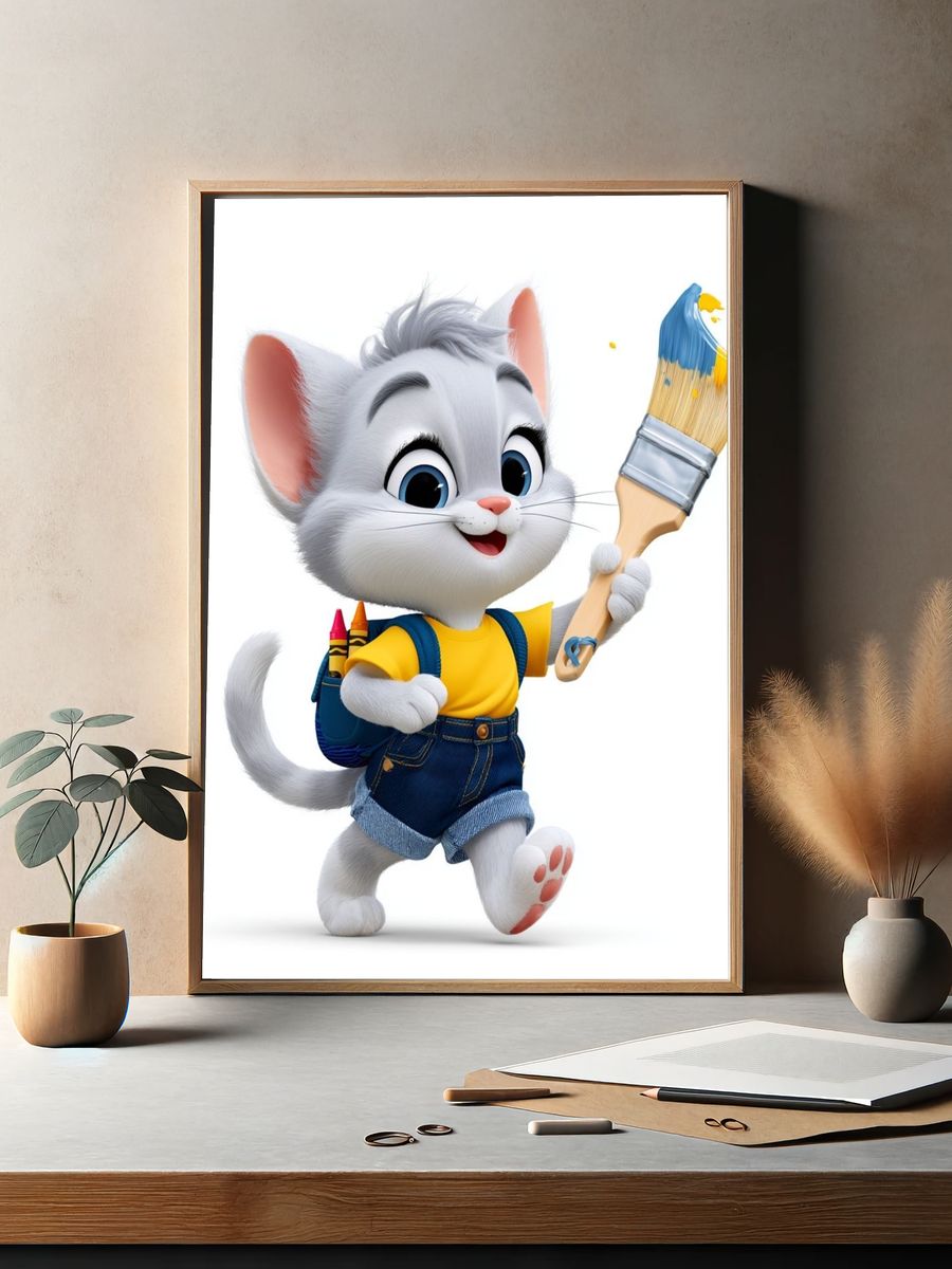 Cute Kitten Painter Illustration Poster. — room view 2